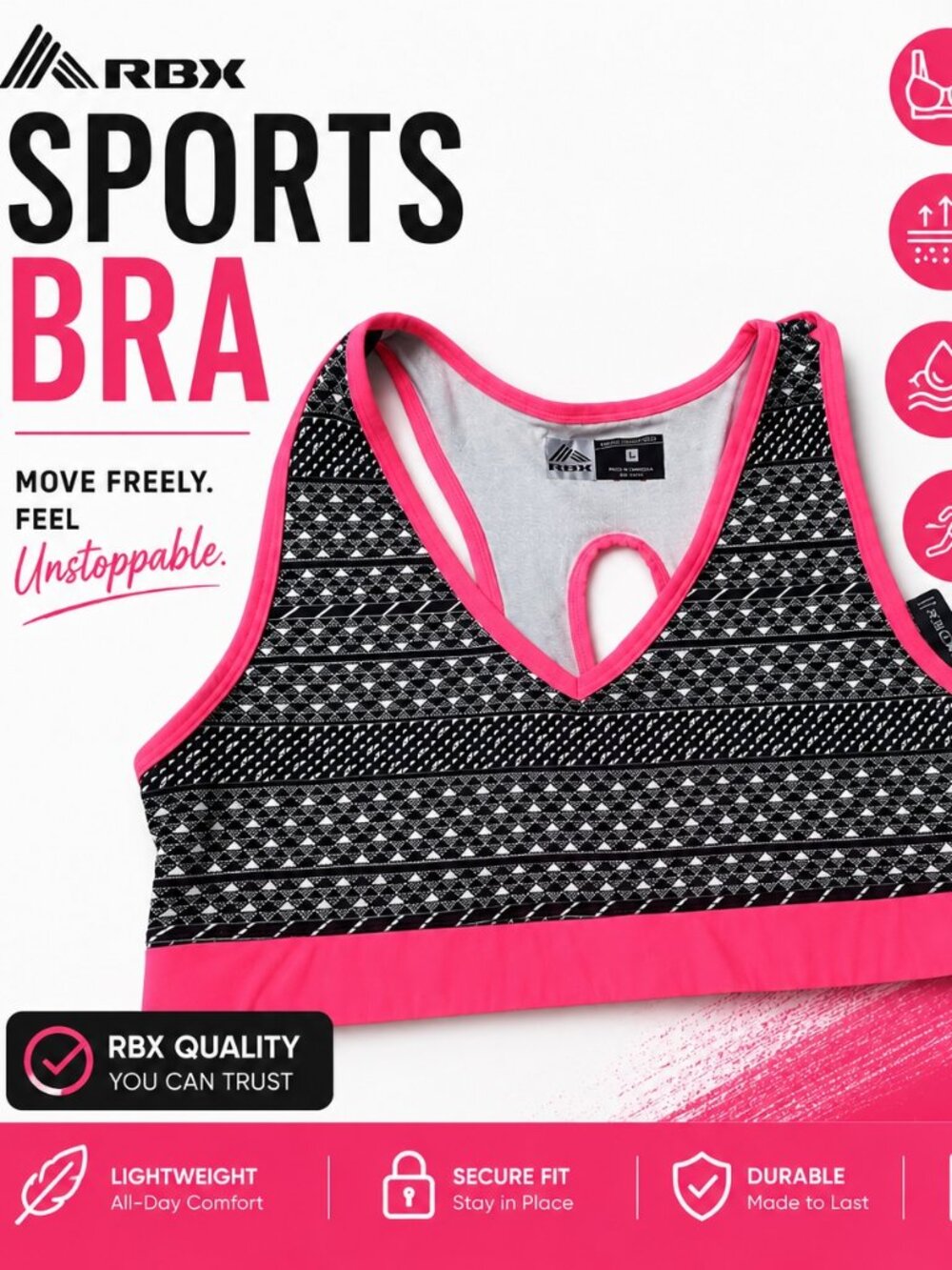 RBX Sports Bra Size Large | Pink & Black Athletic Bra
